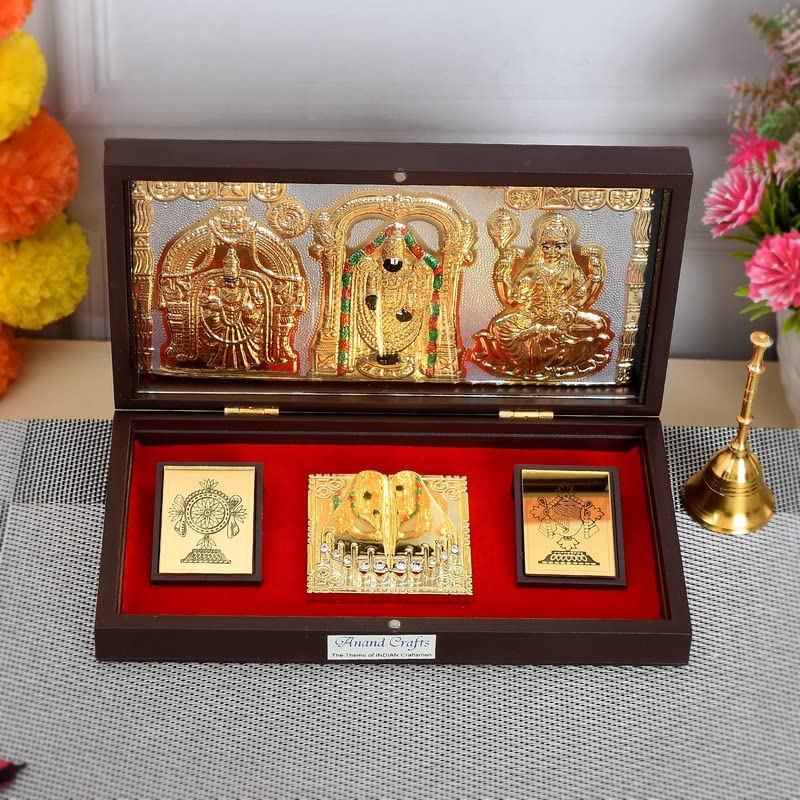 AC ANAND CRAFTS Tirupati Balaji Idol with Charan Paduka | Tirupati Balaji Photo with Frame | Charan Paduka Box for Pooja, Weeding Gifts & House Warming | Gold Plated | Diwali Gifts