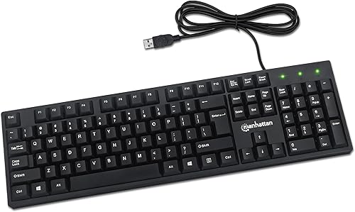 Manhattan Teclado de computadora con cable  Teclado negro básico  con cable USB-A de 4.5 pies, 104 teclas, soportes plegables  Compatible con