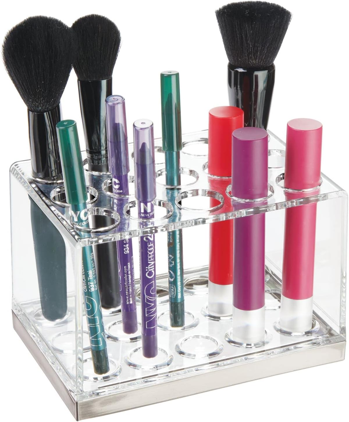 mDesign Plastic Makeup Brush Storage Organizer with 15 Slots for Bathroom Countertop, Vanity to Hold Eye/Lip Pencils, Lip Gloss, Liners, Lipstick - Clear/Brushed