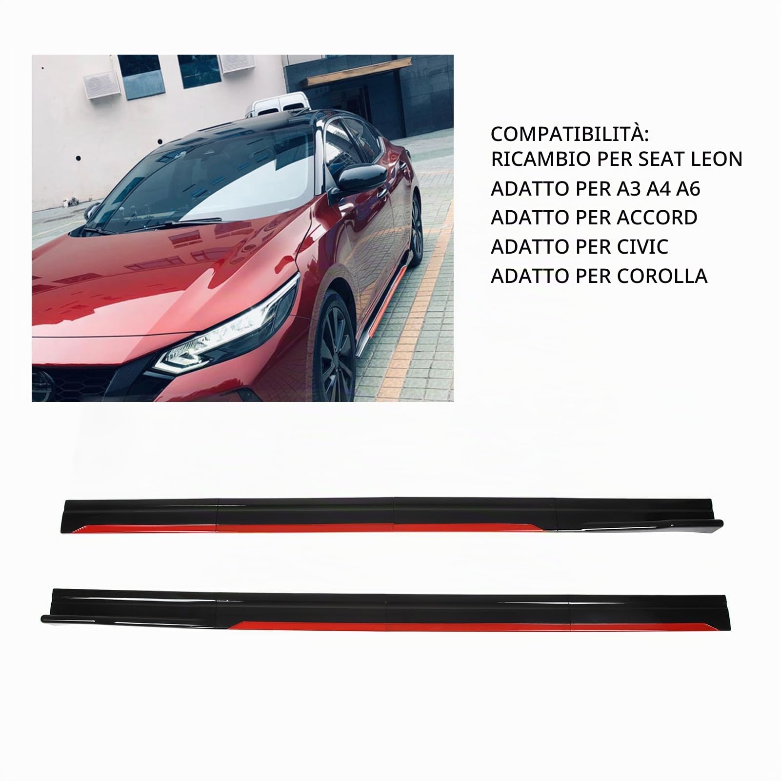 8 Pezzi Minigonne Laterali per Auto, Elegante Rosso e Nero Lucido, Sostituzione del Kit del Corpo del Pannello di Estensione dello Splitter per Labbro Laterale per Seat