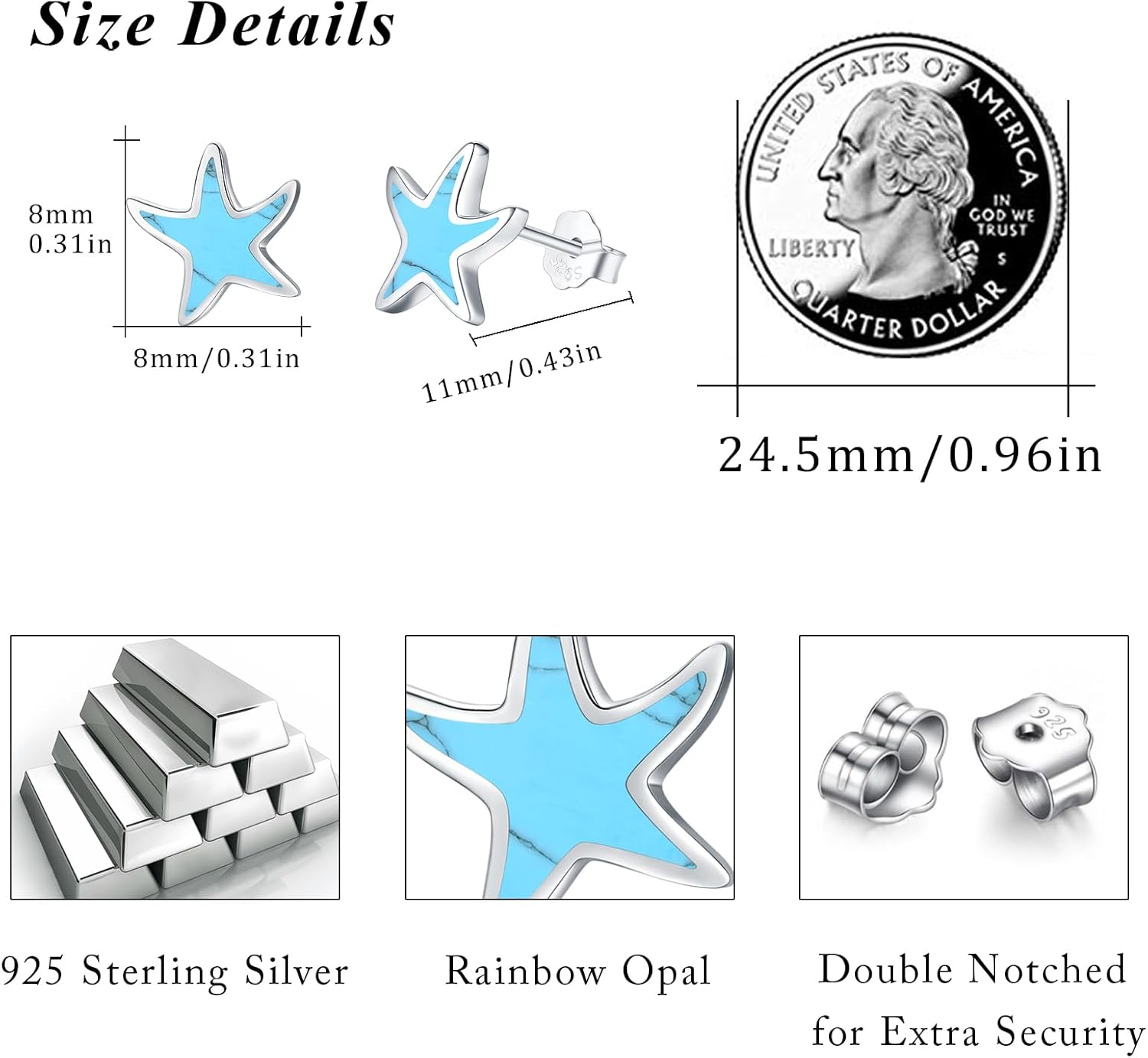 CUOKA MIRACLE Starfish Studs Sea Star Earrings Opal Stud Earrings 925 Sterling Silver Ocean Starfish Earrings Beach Stud Hypoallergenic Earrings Tiny Small Earrings Gifts for Women Girls