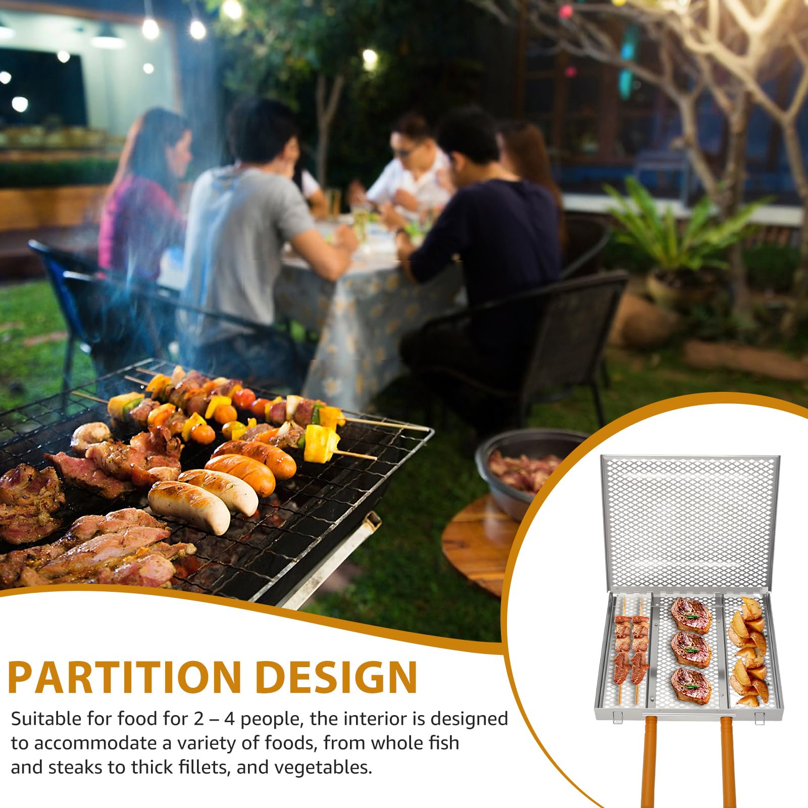 Griglia in acciaio inox per barbecue, grigliare pesce, verdure, gamberetti, griglia portatile da esterno con manico in legno, accessori per barbecue perfetti per regali