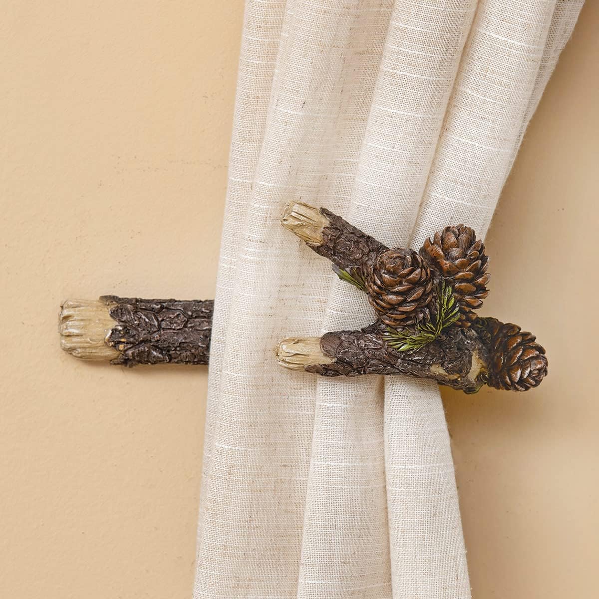 BLACK FOREST DECOR Pinecone Cluster Curtain Tiebacks (Set of 2) – Polyresin Woodland Window Hardware with Pine Branch Detail, 8.5" W x 5" D x 4" H Each