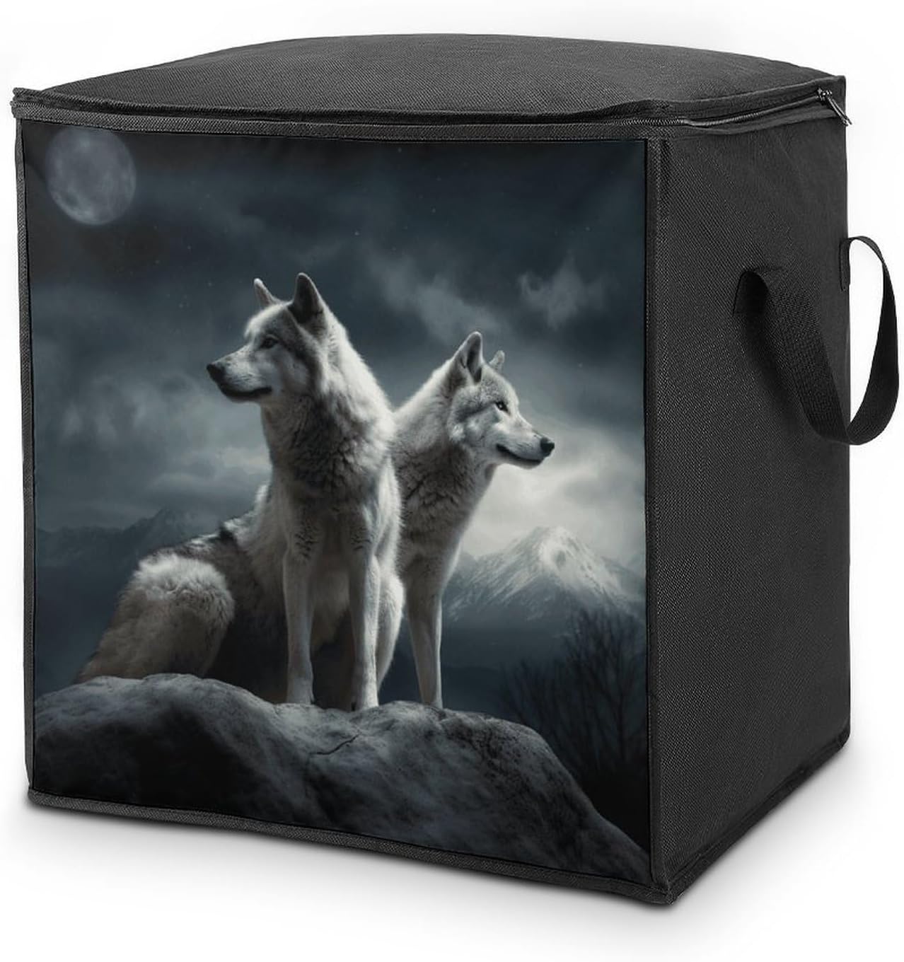 Wolf at Night Storage Bag with Zippers And Handle Extra Large Bedding Comforter Storage Bag Foldable Blanket Storage Bags Fabric Moving Bags for Closet Organizer (70L)