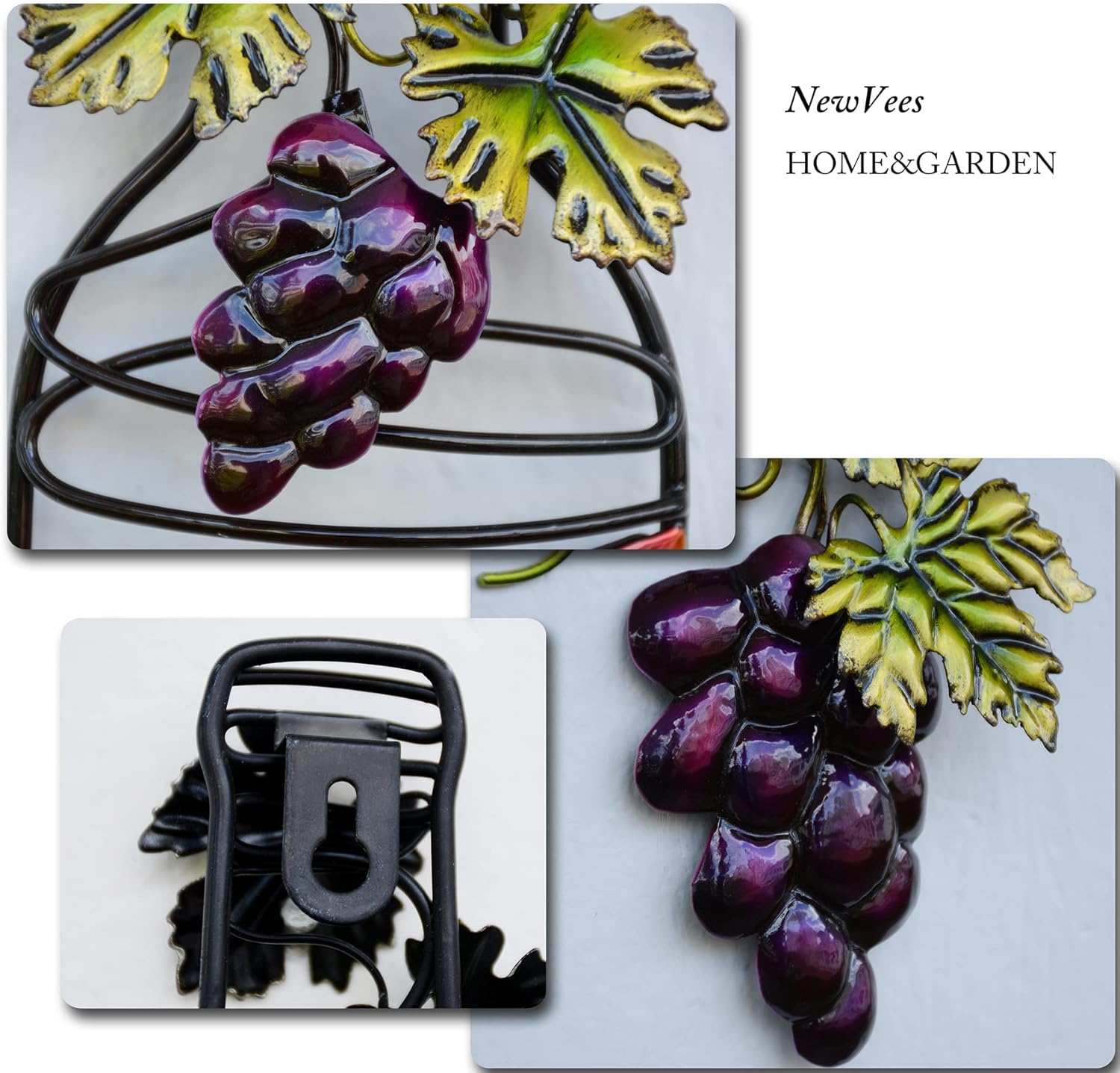 NewVees Metal Wall Decor, Kitchen Wine Decoration - Red Wine Glass & Bottle Fake Grape Hanging Ornament for Home, Living Room, Dining Room, Bedroom, Bar - Indoor/Outdoor, 3 pcs, 11 inch