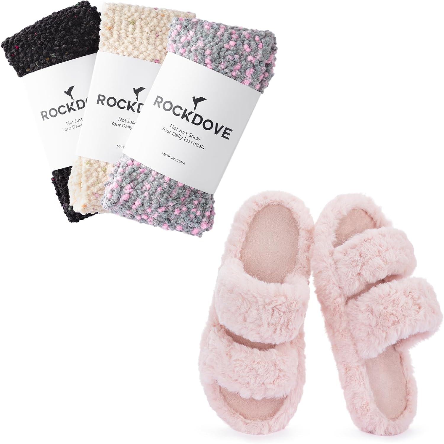 RockDove Women's Pluffie Slippers and Chenille Lounge Socks Gift Bundle – Arch Support Memory Foam House Shoes and Soft Plush Socks, Cozy Indoor/Outdoor, Gift-Ready Comfort Set