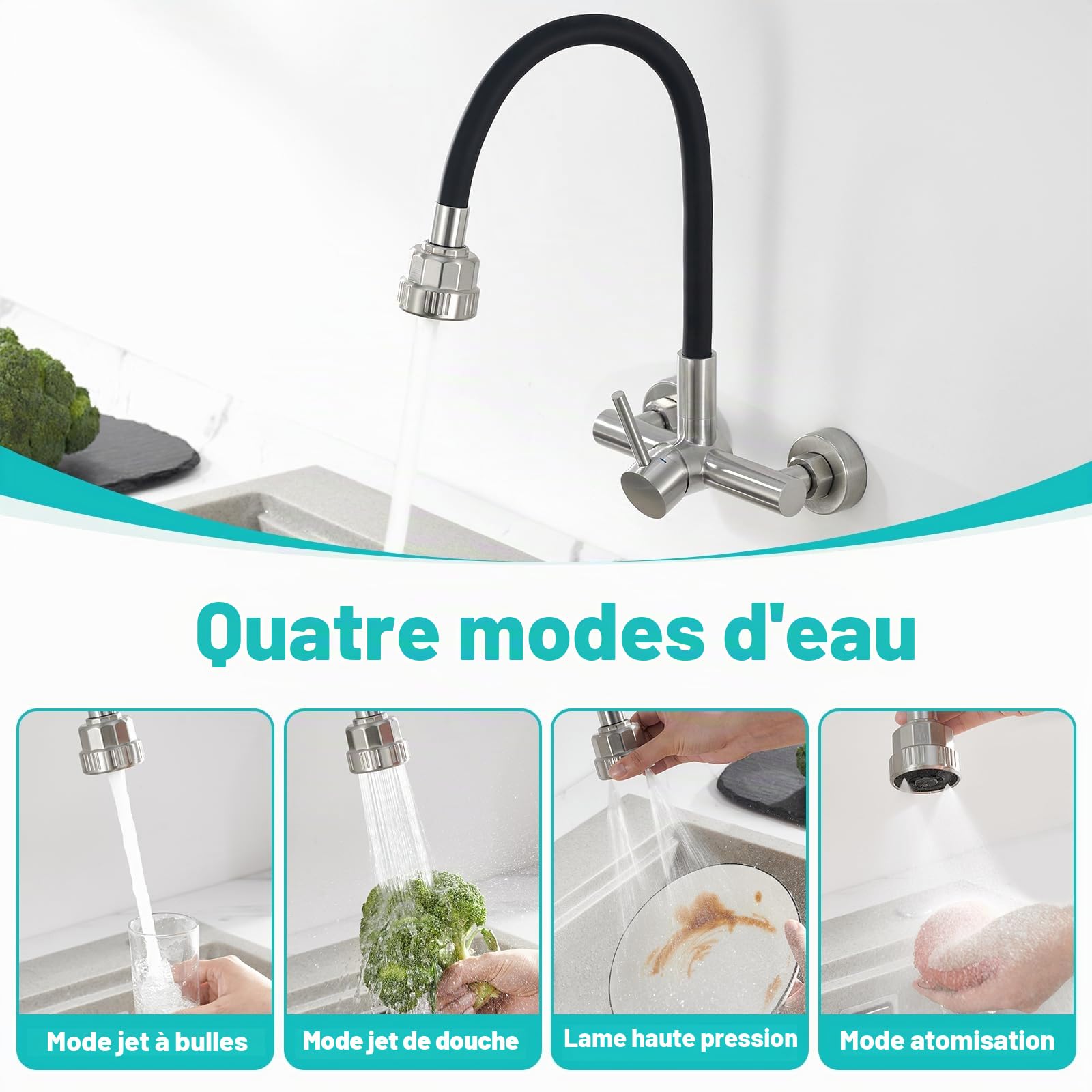 CREA Mural Robinet D'évier de Cuisine 360° Flexible avec Pulvérisateur Quatre Fonction, Mitigeur Monocommande avec Tuyau en Silicone Noir
