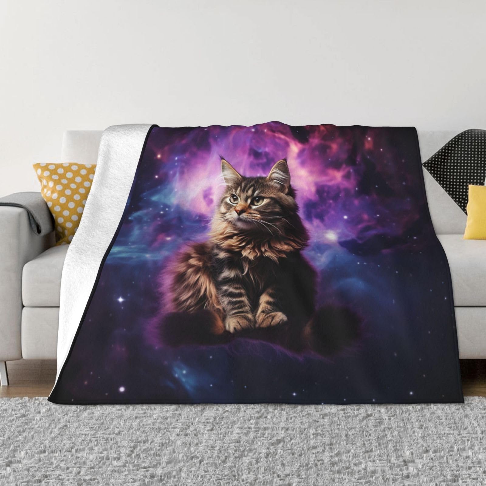 Plaid flanelle pelucheuse chat motif galaxie, couverture douce haut de gamme