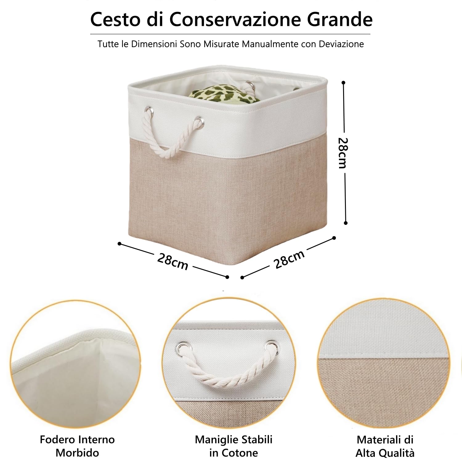 Set da 6 scatole portaoggetti cubiche 28x28 cm in tessuto, con manici in corda di cotone, per riporre abiti, cameretta dei bambini e casa (Cachi/Bianco)