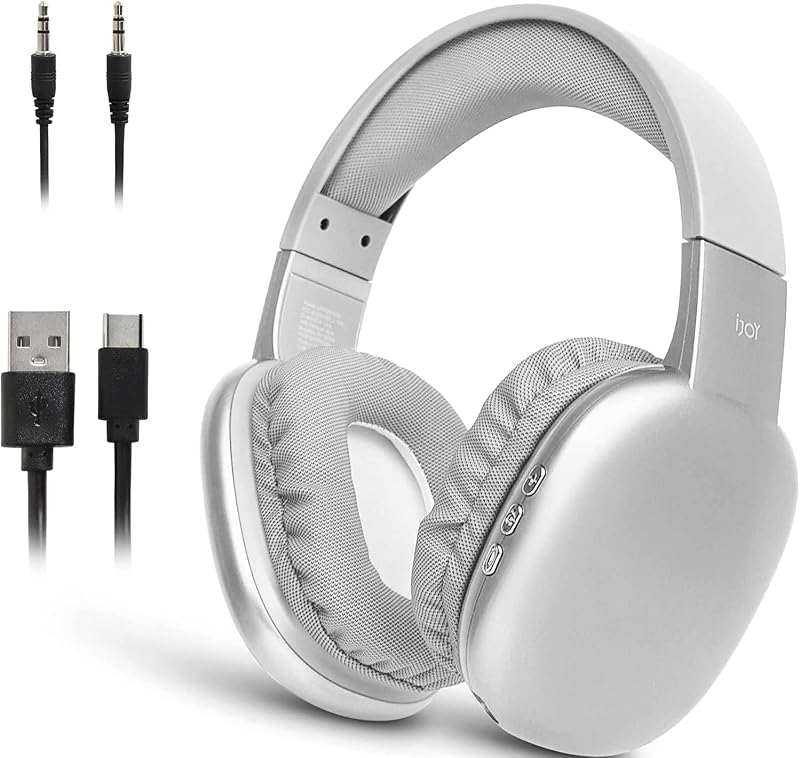Ultra Wireless Over-Ear Bluetooth Headphones with Mic, 10H Playtime Bluetooth Headset with Backup Wire & SD Slot, Wireless Headphones for Work, School & Gym (Silver)