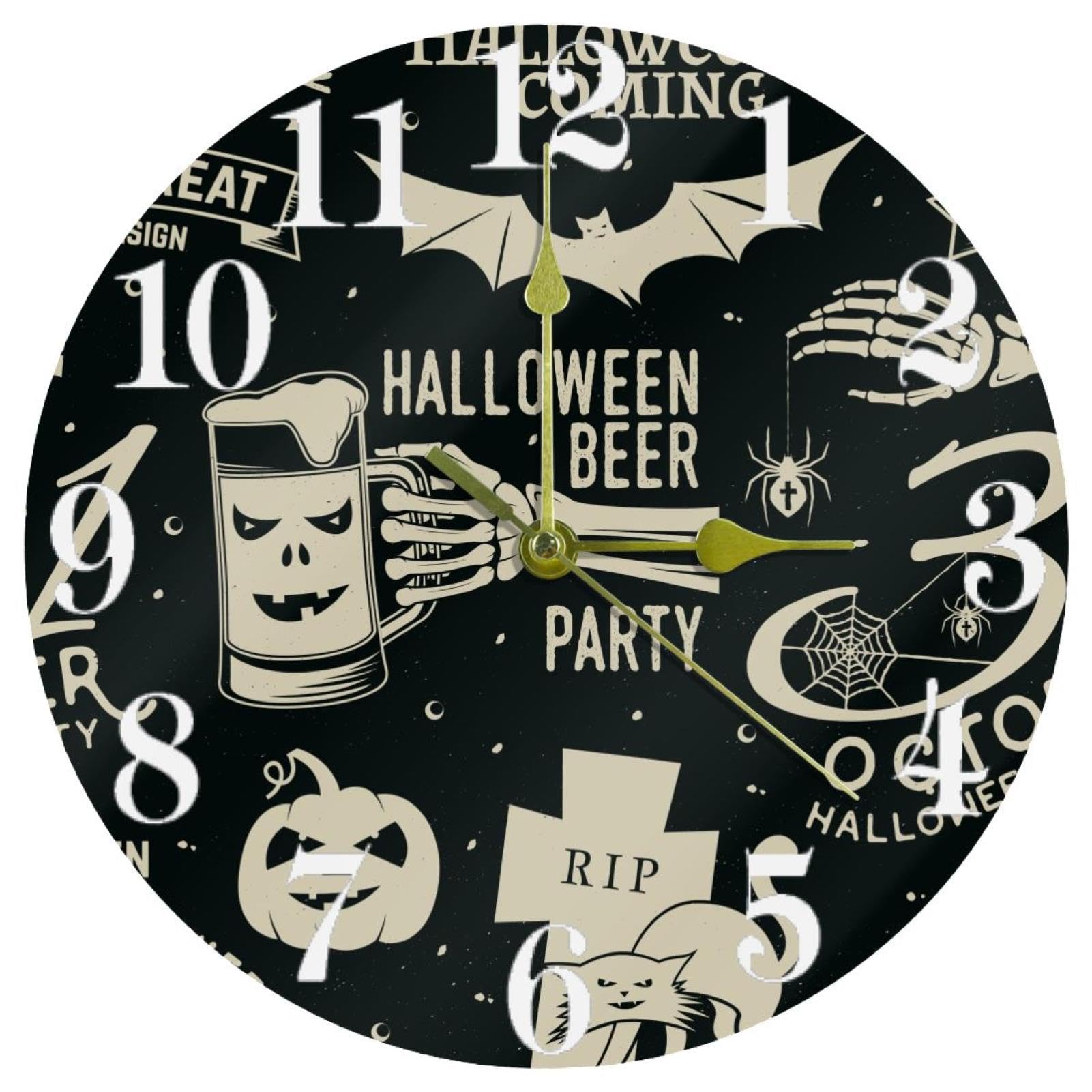 Horloge murale squelette silencieuse à quartz à piles pour Halloween