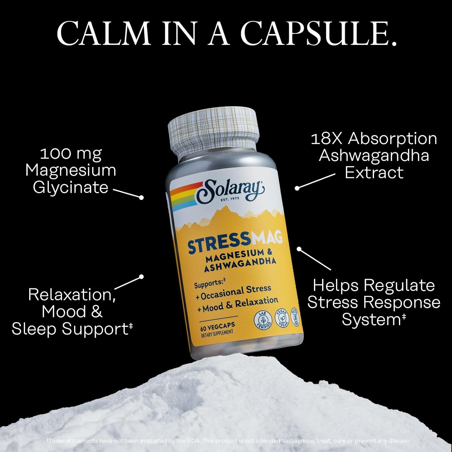 Solaray StressMag – Magnesium Glycinate Plus Ashwagandha for Women and Men - Relaxation, Mood & Occasional Stress Support – Magnesium Supplement with Bisglycinate – 30 Servings, 60 VegCaps