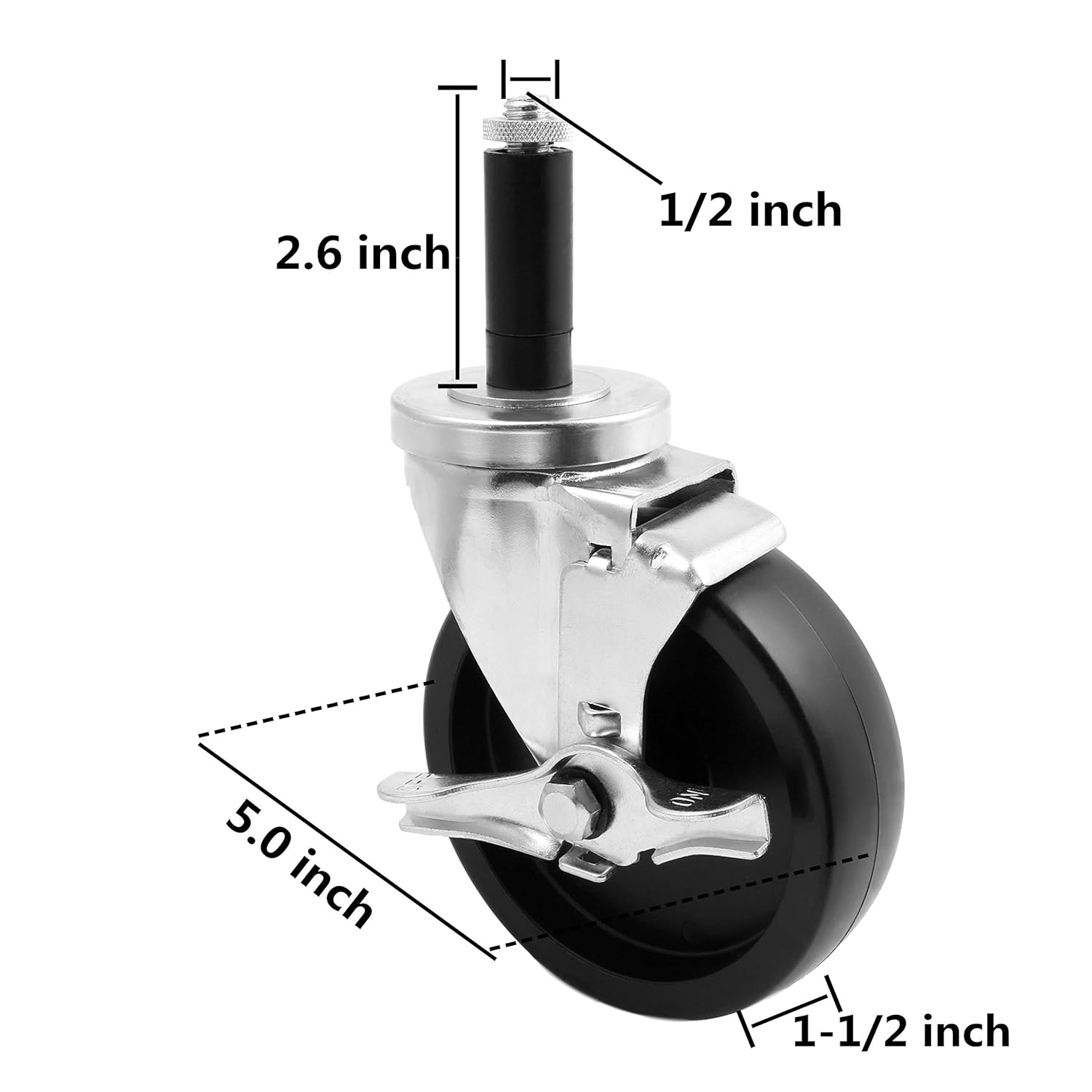 SY America 5" 4 Pack Polyolefin Stem Swivel Caster with Expandable Rubber Expanding Adapter Total Capacity 2400LBS(5 inches Pack of 4, 4 Swivels w/Brakes)
