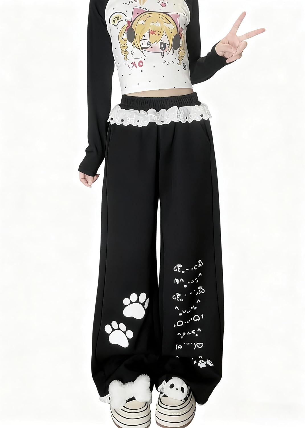 Women's Kawaii Harajuku Wide Leg Sweatpants Coquette Aesthetic Lace Trim Baggy Joggers Y2K Fairycore Loungewear