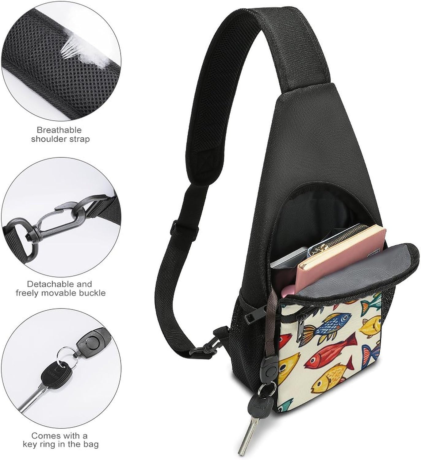 Japanese Colorful Fish Crossbody Sling Backpack Chest Bag Daypack | unisex,trendy,with convertible and detachable shoulder strap,side pockets