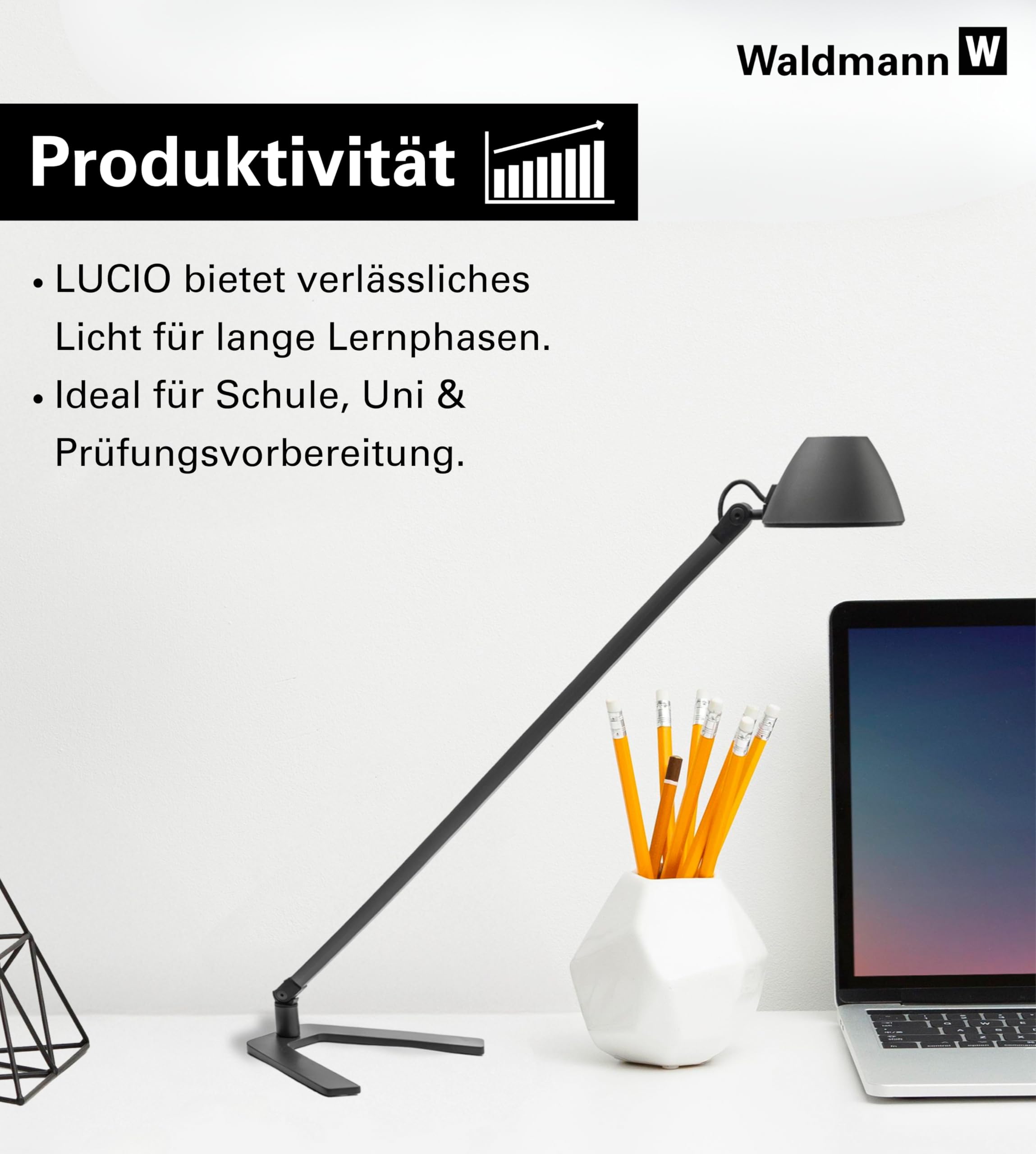 Waldmann Schreibtischlampe | LUCIO HOME | LED Tischlampe in Profi-Qualität für Homeoffice, Büro, Schreibtisch & Lernen | 4000 K (LUCIO)