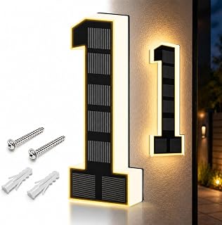 2026 New Solar House Numbers for Outside, LED Illuminated Address Sign, Dusk to Dawn Auto On/Off, IP65 Waterproof Lighted House Numbers, No-Drill Adhesive or Screw Mount for House, Garage, Fence (1, 4.7 inch)