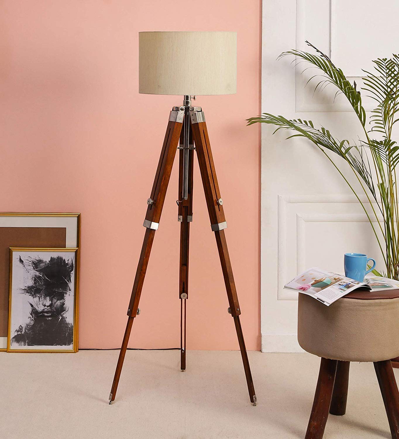 GLOBAL LUMINOUS 14 Inches Beige lamp Shade with 3 Fold Wooden Tripod Stand Floor lamp
