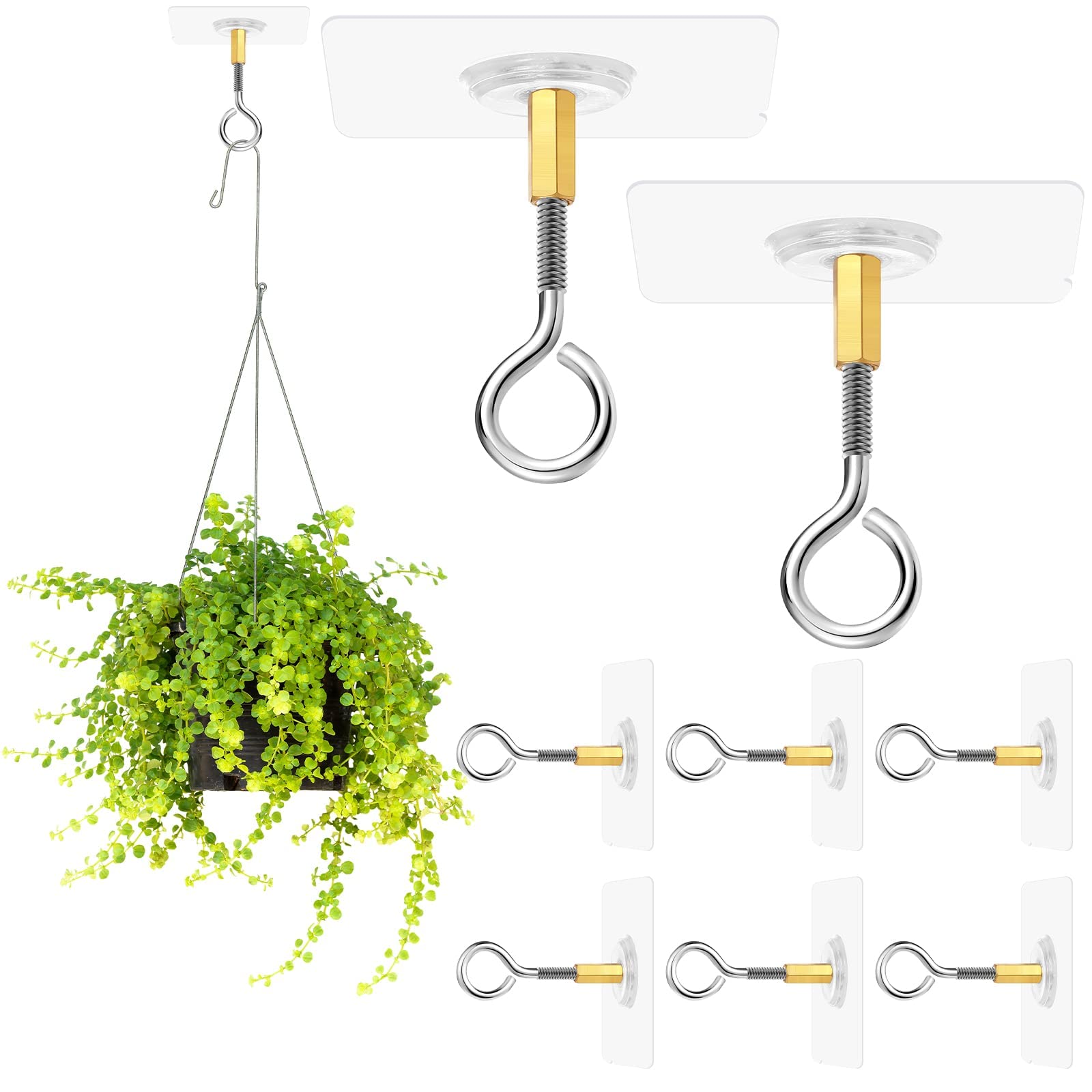 TERRIFI Ceiling Hooks, Self Adhesive Stainless Steel Eye Hooks, No Hole Hanger, Transparent Waterproof Seamless Oilproof Wall Hooks 4.5KG(max) for Hanging Plant Lights(10PCS)