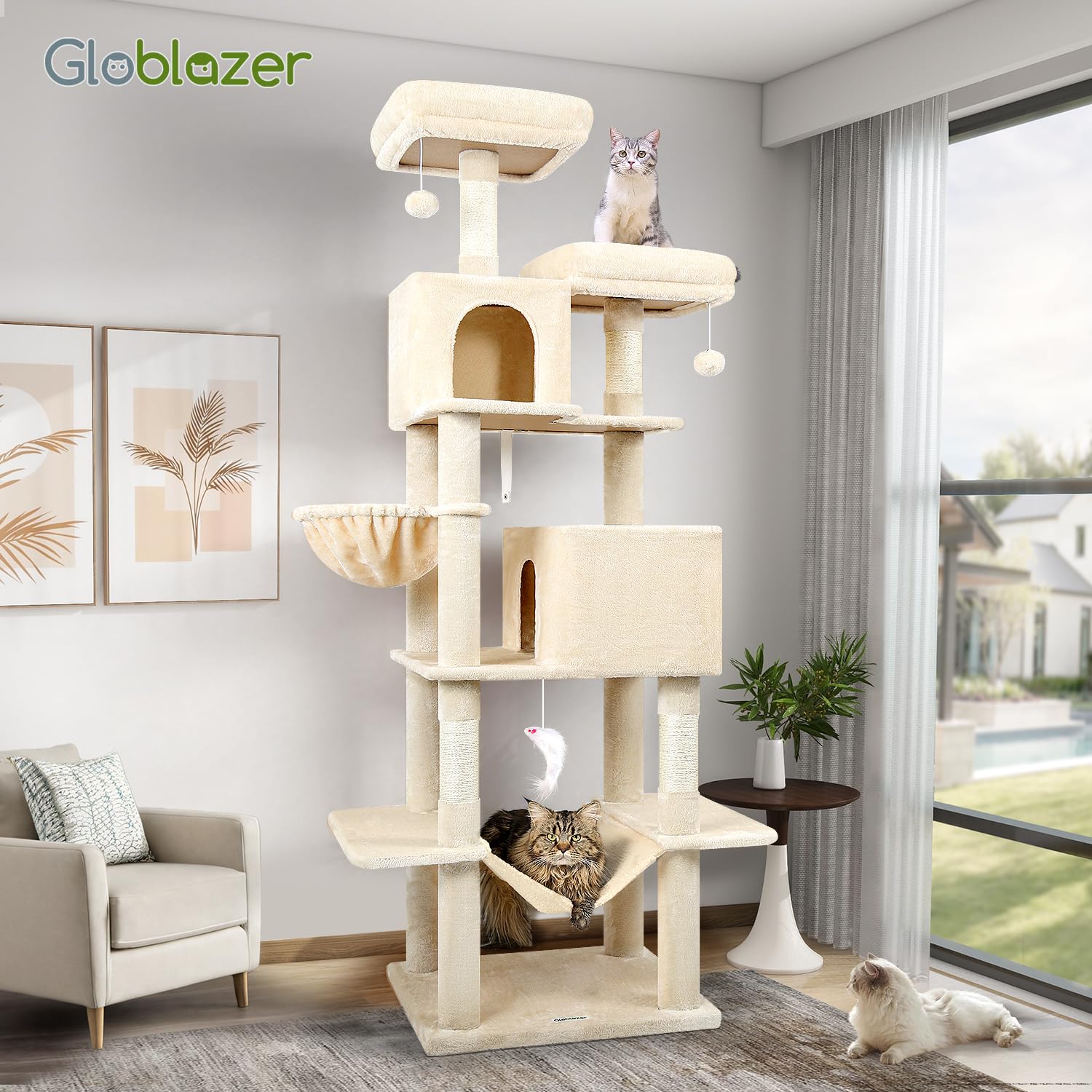 Globlazer Árbol Rascador Beige para Gatos XXL 195 cm Alto con 2 Nidos, 2 Acolchada Percha, Grande Hamaca 50 * 33CM, Cesta, Estable Rascador para Gatos Adultos Descansar Jugar Interior (F76, Beige)