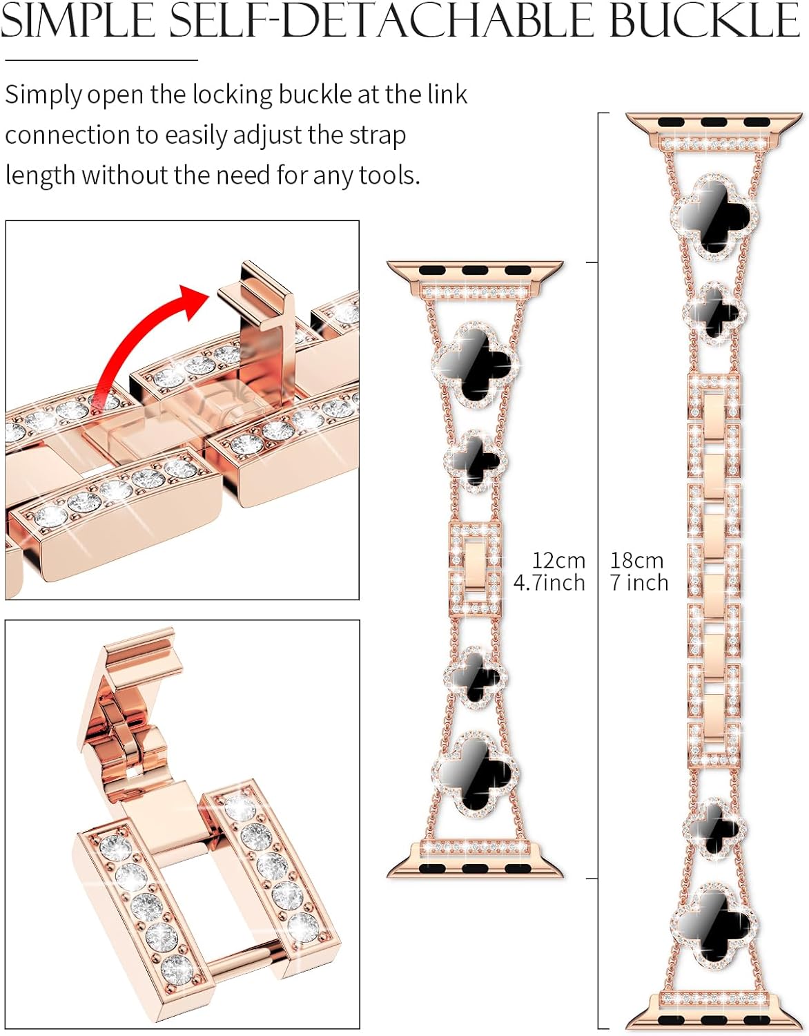 CTYBB Bling Diamond Band Compatible with Apple Watch Bands for Women 40mm 41mm 38mm 42mm Series 11 10 9 8 7 6 5 4 SE 3 2 1, Sparkle Metal Bracelet Wristband, Cute Lucky Clover Dressy iWatch Band,Rose Gold/Black - Image 3