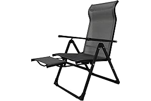 Ergo+ Outdoor Steel Folding Patio Chair with Adjustable Recliner and Foot Rest in Graphite Smoke