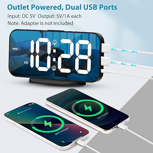 Miniatura 3 de ALANAS Reloj despertador digital con doble alarma, espejo LED reloj despertador para dormitorio para niños, brillo ajustable, repetición, 2 puertos