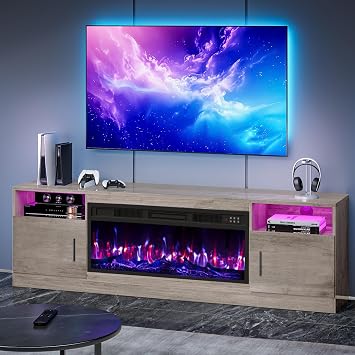 70" TV Stand with Fireplace, LED Light Entertainment Center with Fireplace, 36" Electric Fireplace TV Strand with Storage Cabinet, Media Console TV Stand for Living Room Up to 80" TVs, Grey