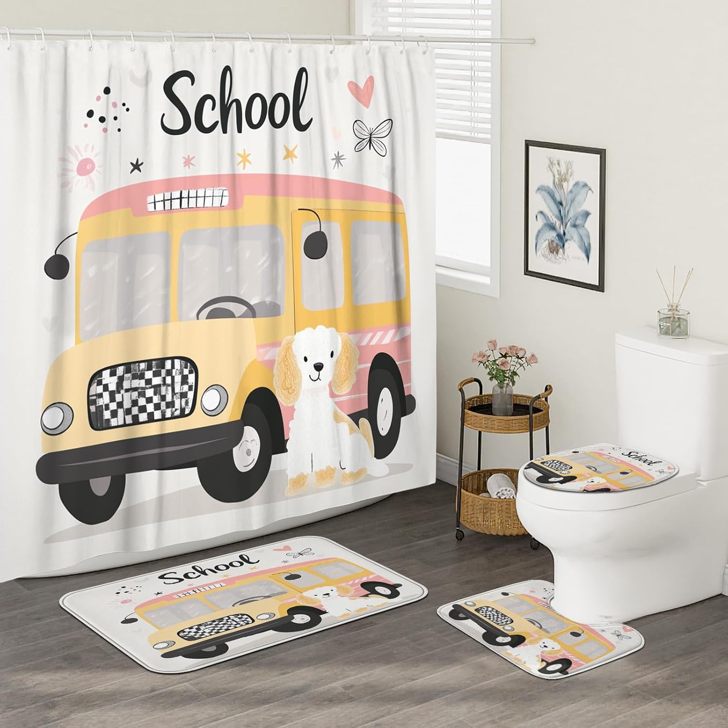 4PCS Cartoon Labradoodle Dog Bathroom Accessory Sets with Non-Slip Rug, U Shape and Toilet Lid Cover Mat, Kid School Bus Bathroom Fabric Decor-72''x72''