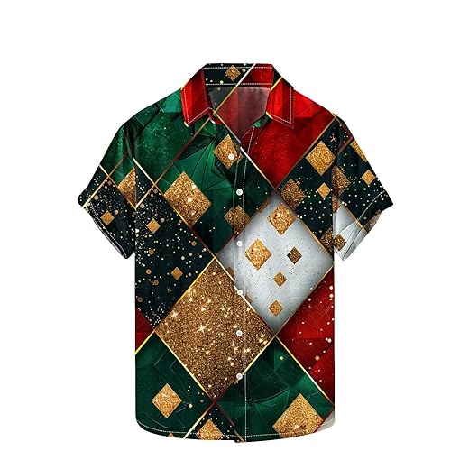 Mens Christmas Hawaiian Shirts Funky Bowling Shirt Short Sleeve Vintage Xmas Printed Casual Button Down Shirt