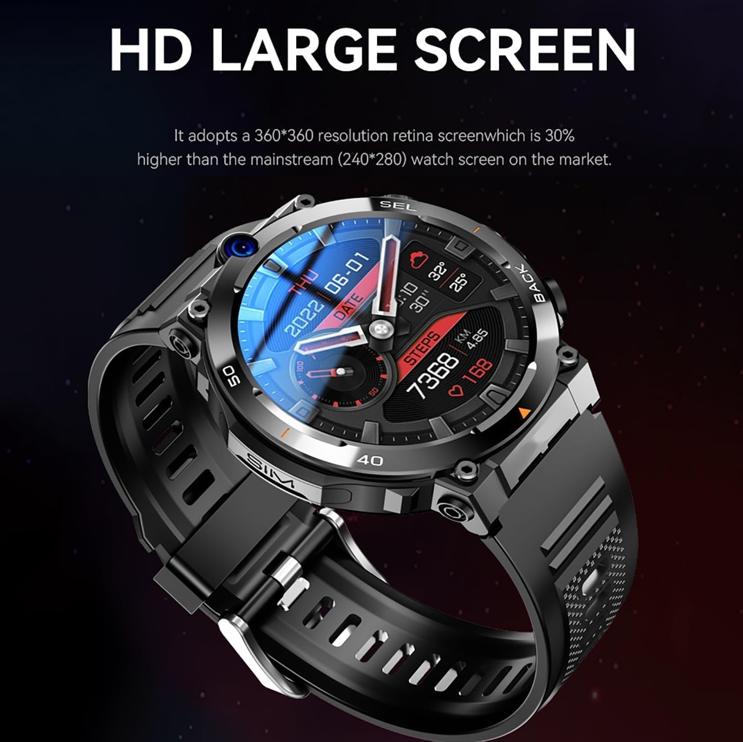 Męski smartwatch z funkcją połączeń, wodoodporność IP68, obsługa karty SIM 4G, okrągły ekran do fitnessu i codziennego użytku