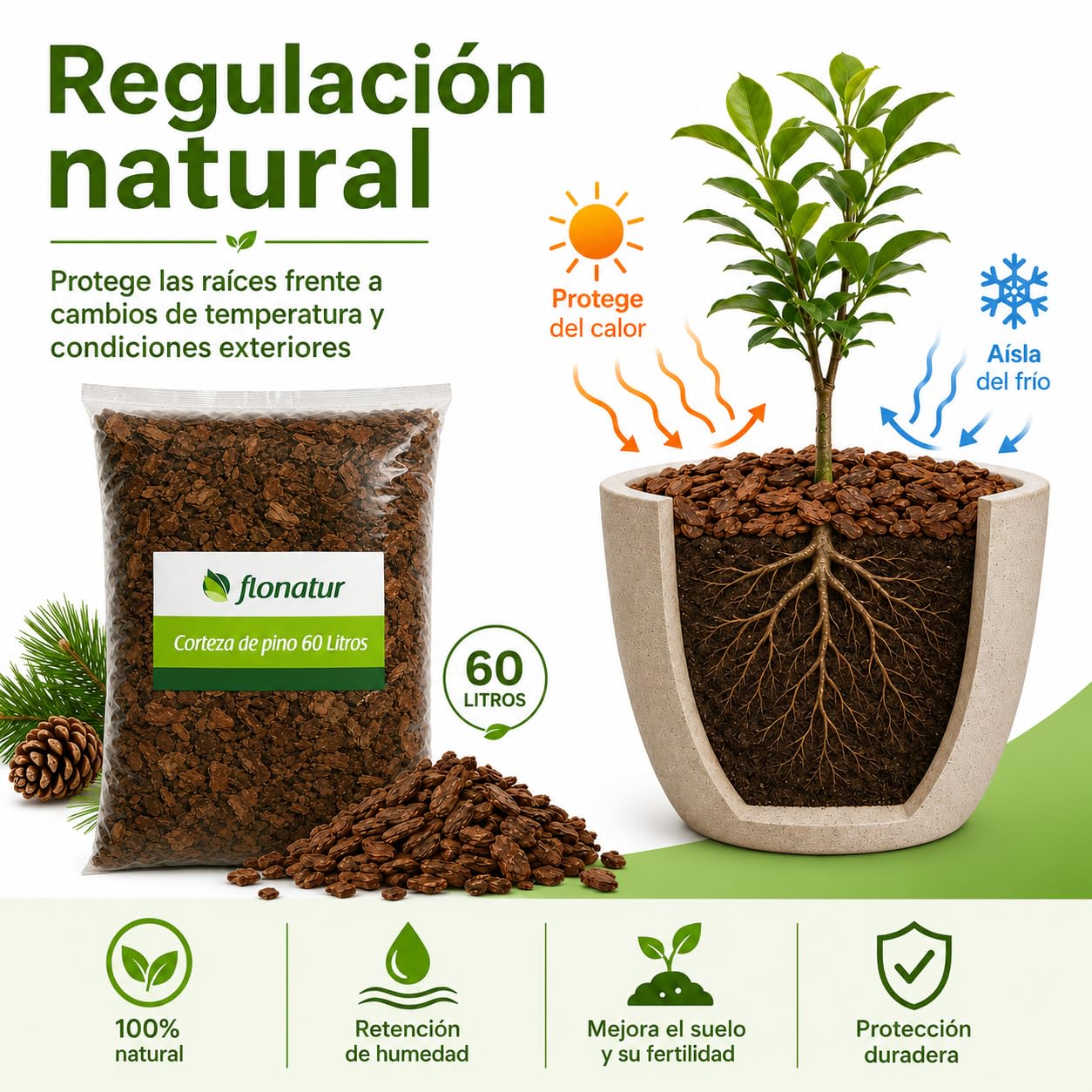 Corteza de Pino Decorativa 60 litros, Ideal para Macetas, Arriates, Plantas y Zonas de Jardín, Protege de Malas Hierbas y Reduce la Erosión