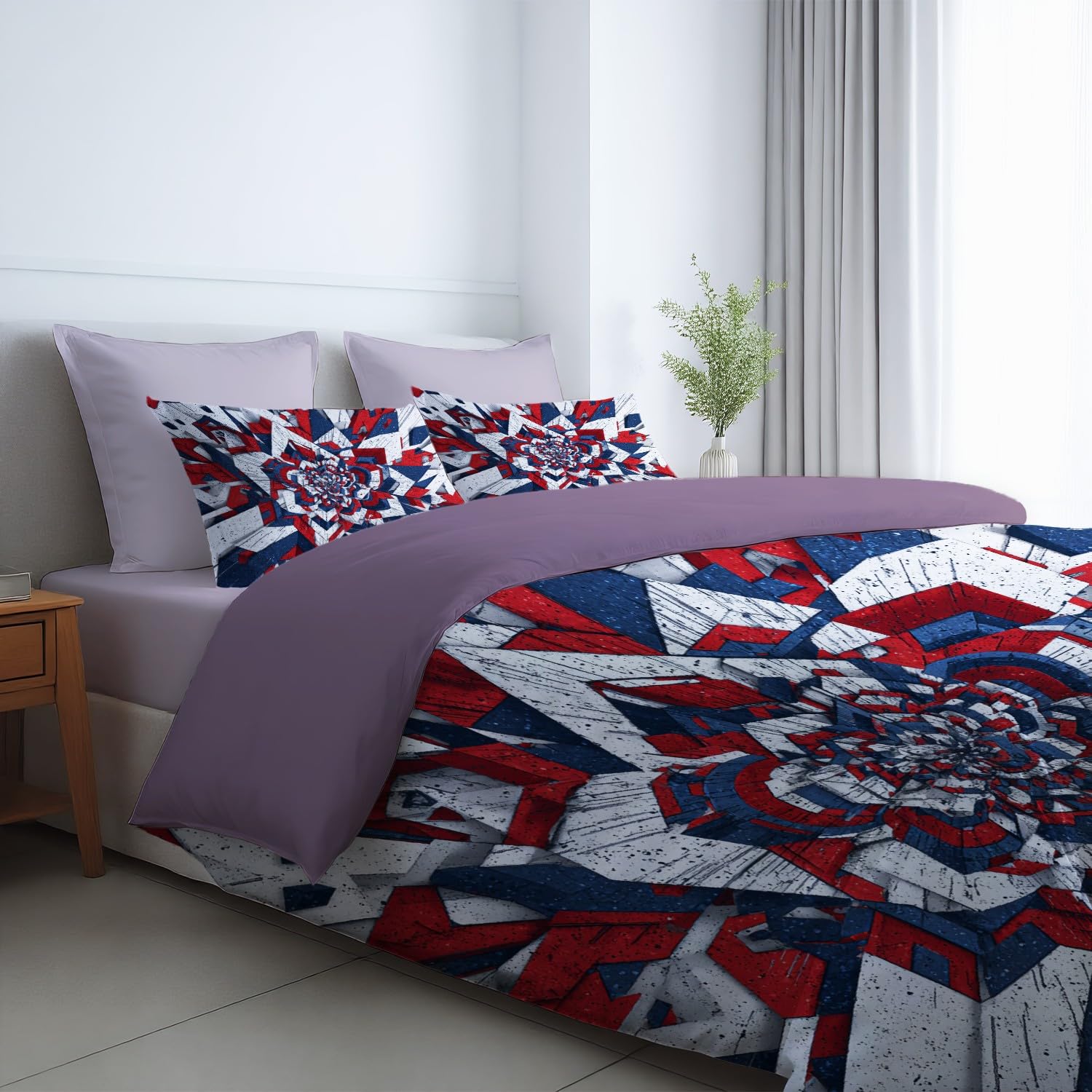 Zestaw poszewek na kołdrę Anti-Shrink Duvet Cover zawiera 2 poszewki na poduszki 80 x 80 cm i 1 kołdrę 180 x 200 cm, niebieski czerwony geometryczny trójwymiarowy abstrakcyjny