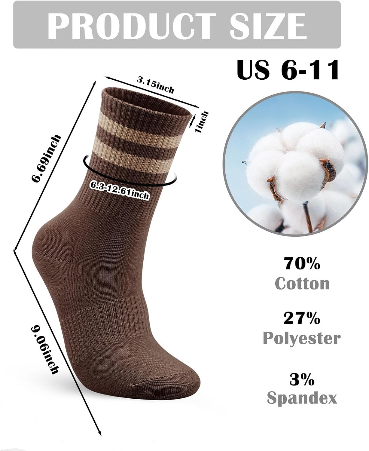 LUSCINIA Women's Striped Crew Socks: 2-Stripe Design Classic Sporty | Cotton Socks with Arch Support for School, Sneakers & Daily Wear, Size 6-11