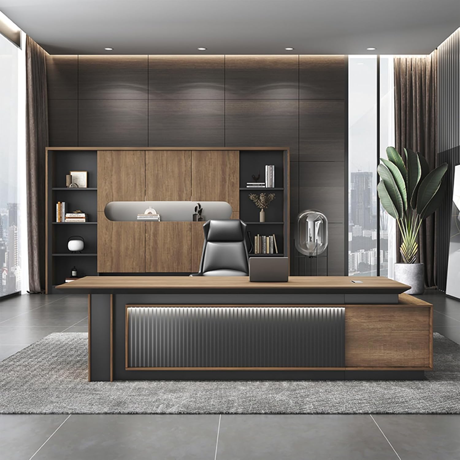 Brown L Shaped Computer Desk, Executive Office Desk with File Cabinet, Gaming Study Table Business Furniture Set for CEO Boss