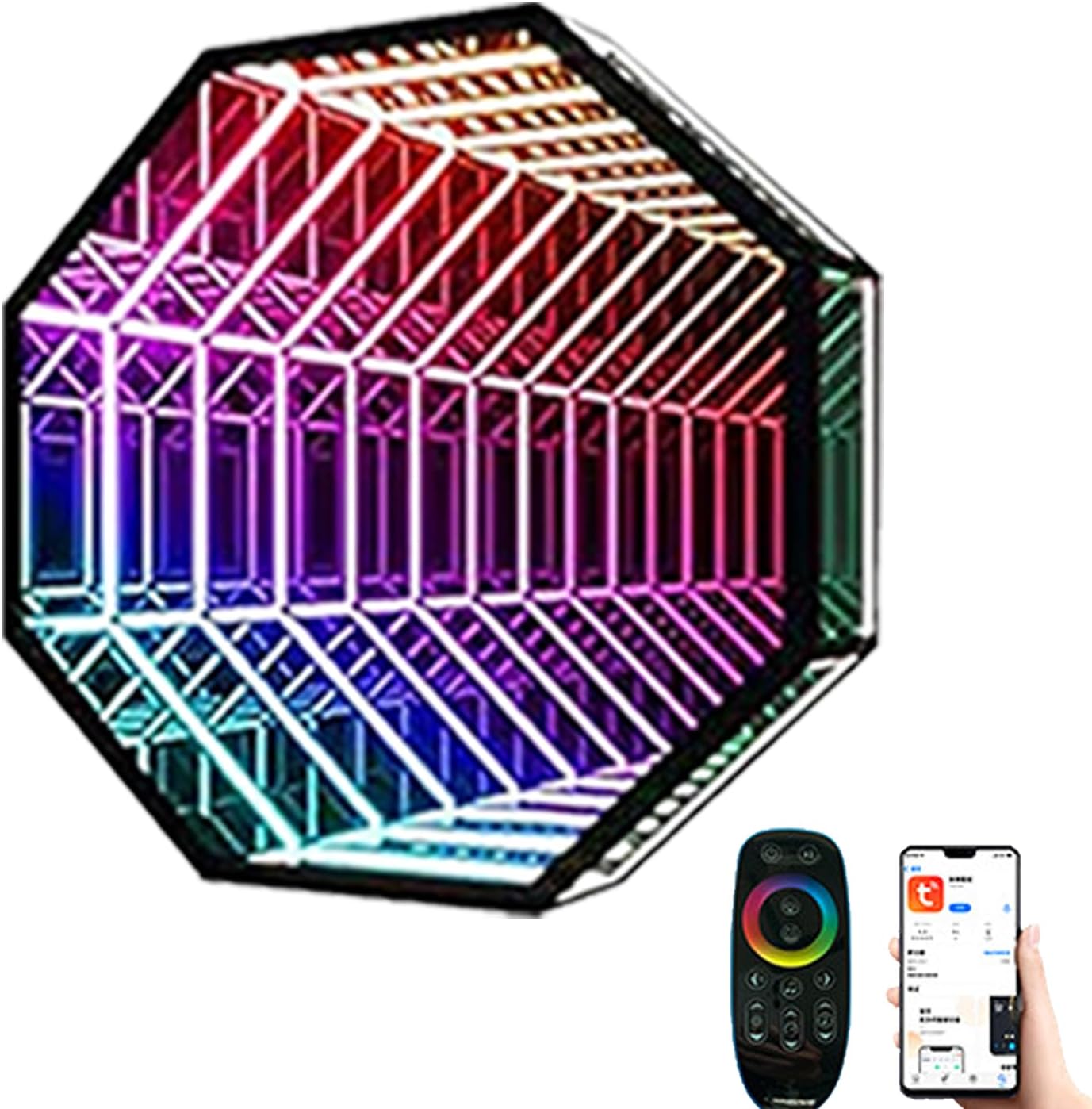 Infinity Mirror 3D Tunnel Lamp, APP Remote Control Night Lighting, LED Wall Lamp, Colour Changing Wall Decor, Unique Birthday Gift for Boy Girl,Octagon,Large