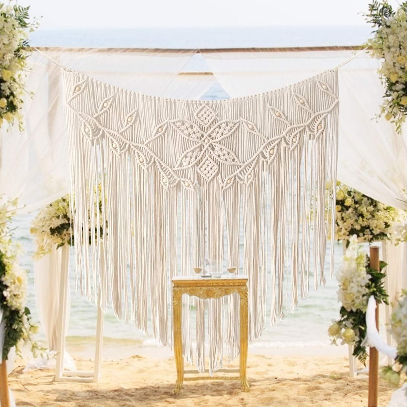 Dremdo Boho makrama, wisząca na ścianę, geometryczna, tkany, gobelin bawełniany z frędzlami, dekoracja ścienna, sztuka ścienna, do salonu, sypialni, beżowy