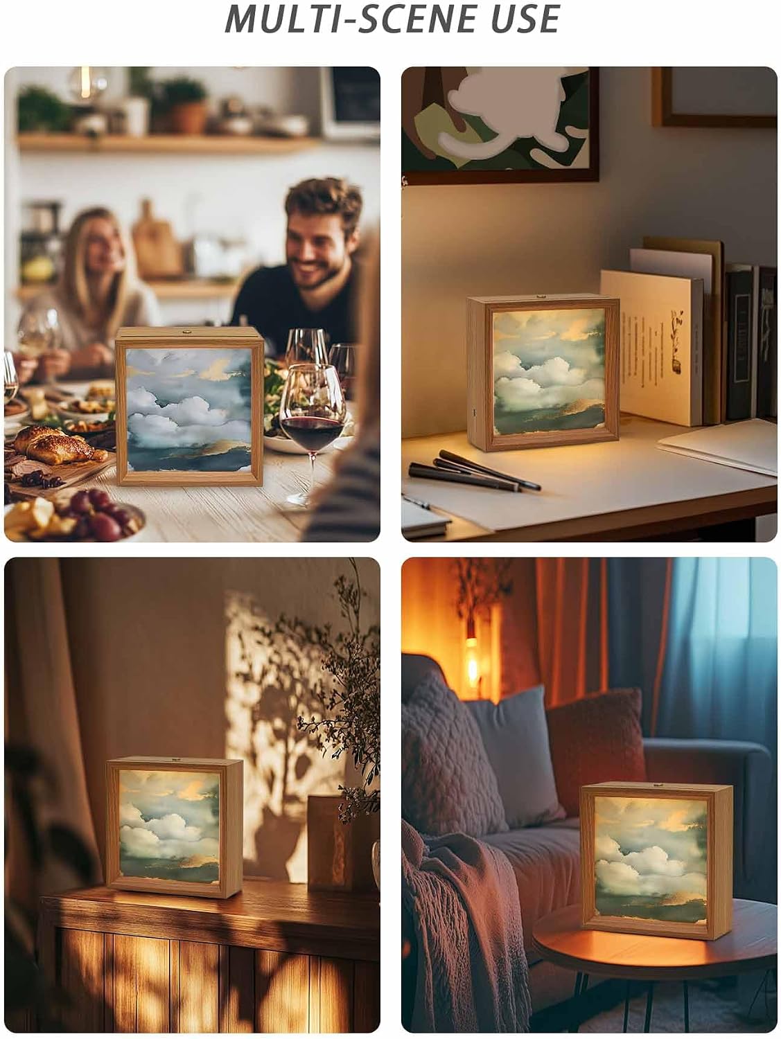Wooden LED Night Light Box Abstract Modern Art Gold Blue Cloud Sky Wood Picture Frame - USB Rechargeable Dimmable Touch Table Light for Home Decor or Desktop Display Artwork,6.5in image 4