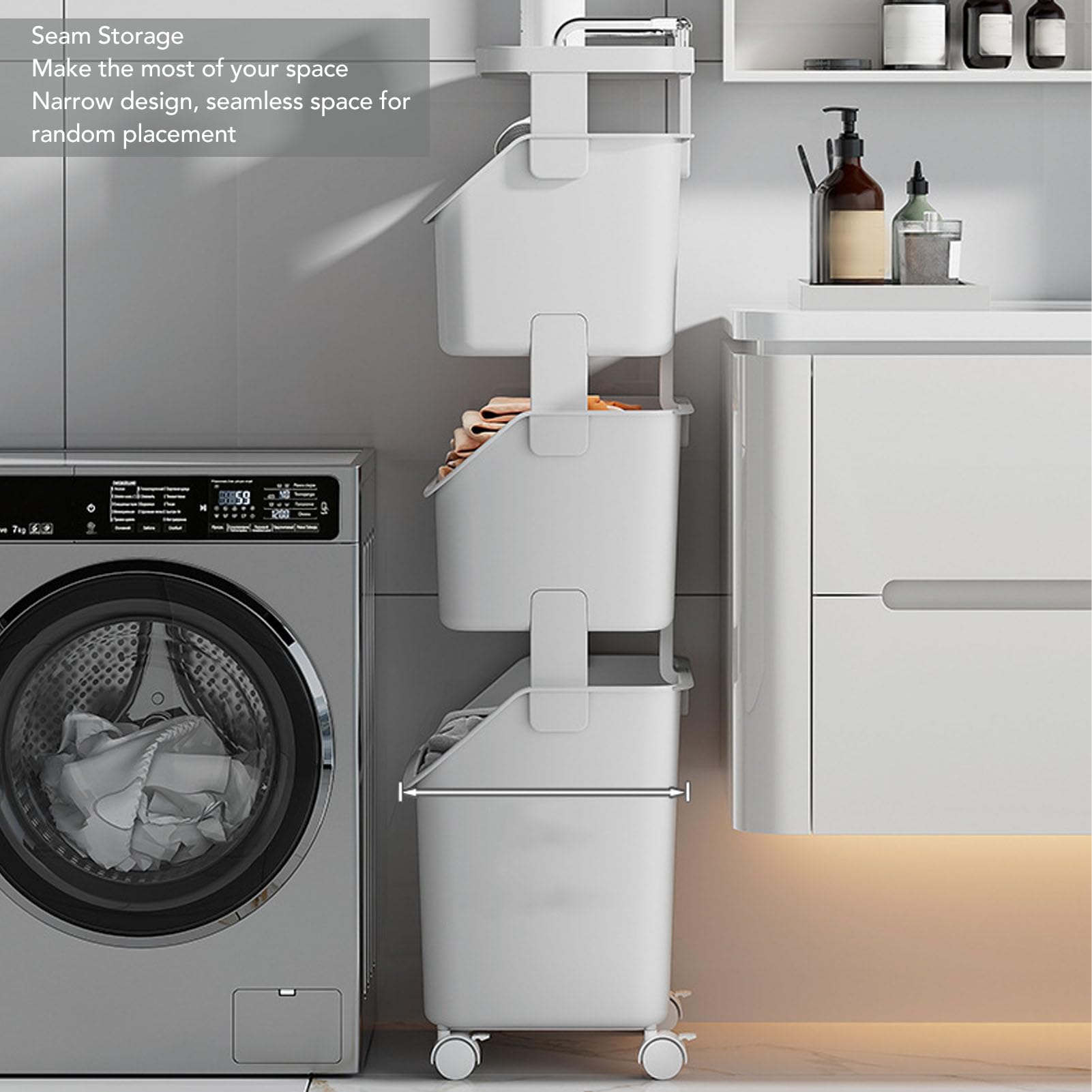 Rollender Wäschekorb, Dicker, Verstärkter PP-ABS-Aufbewahrungskorb mit 4 Rädern und Stapelbarem Design, für Zuhause, Küche, Badezimmer, Waschküche (3 Schichten)