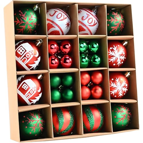 White Green Red Christmas Balls Ornaments - 44PCS Plastic Christmas Tree Ornaments Balls Shatterproof, 2026 White Green and Red Hanging Decoration for Christmas