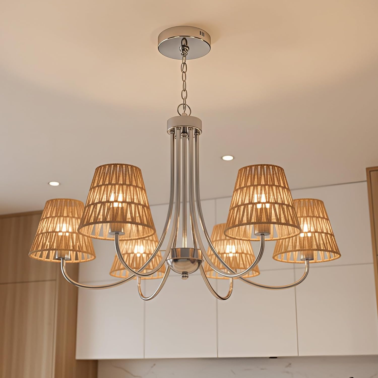 6 Pcs Rattan Chandelier Shades, Rattan Lampshade with 5.5" Clip-On Fitter, Handwoven Natural Fiber Shade for Pendant & Table Lamps, 5.9" Diameter x 5.5" Height, Light Brown