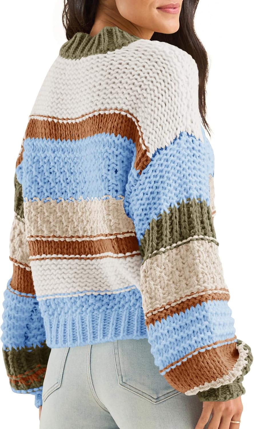 Saodimallsu Womens Color Block Sweater Striped Chunky Knit Cropped Sweaters Crewneck Fall Long Sleeve Loose Pullover Tops - Image 3