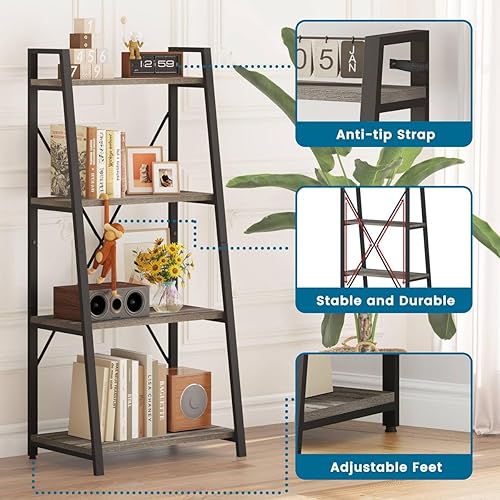 Miniatura 3 de BON AUGURE Estantería de escalera de 4 niveles, estantes inclinados de madera para sala de estar, dormitorio, estantería de oficina en casa (roble