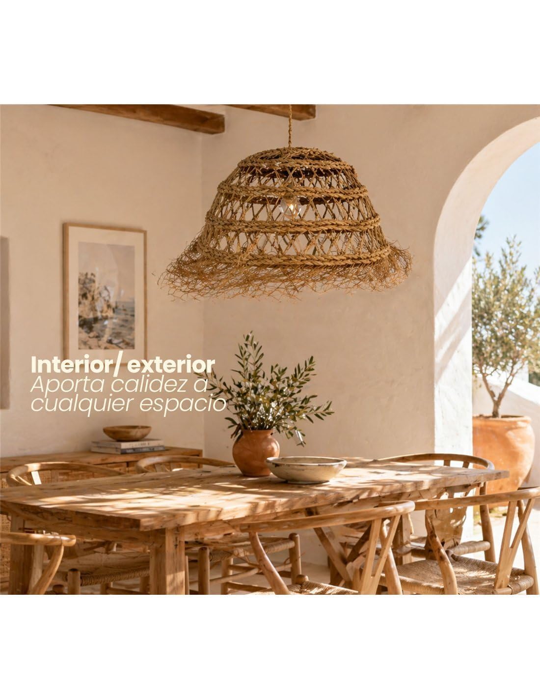 JARDIN202 - Lámpara de Esparto con Flecos | Diseño Redondo Calado | Artesanía para Techo | Interior y Porche Techado | (Pequeña)