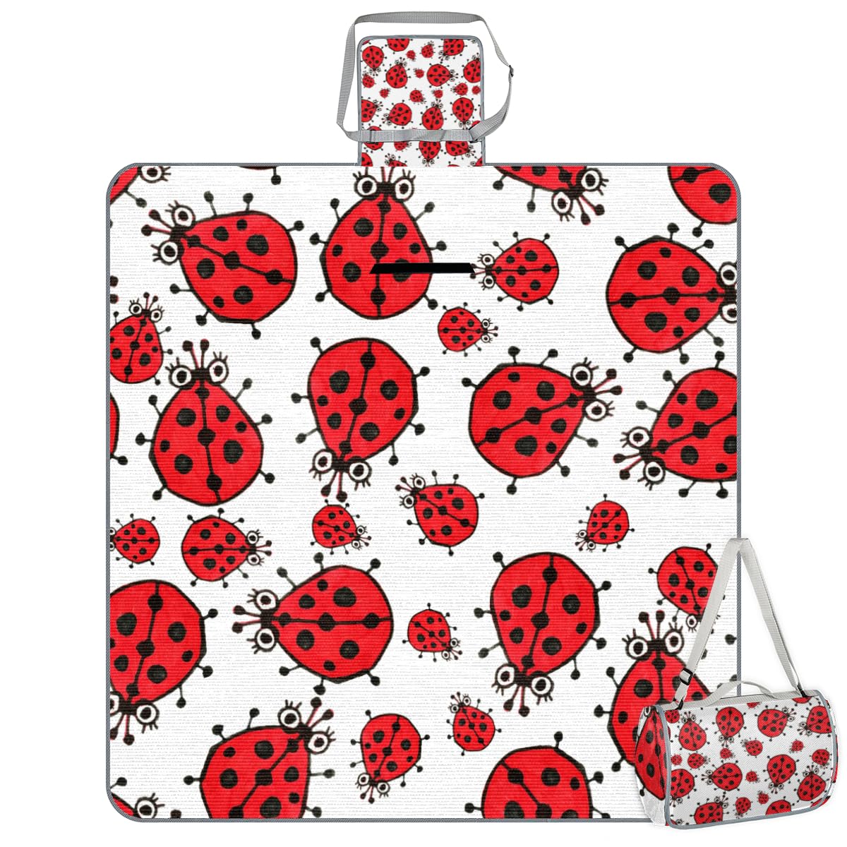 Shimoshe Picnic Blankets 57”x 59”, Red Ladybug Print Waterproof Sandproof Picnic Mat Lightweight Foldable Beach Blanket for Camping Park Grass Beach Outdoor Blanket