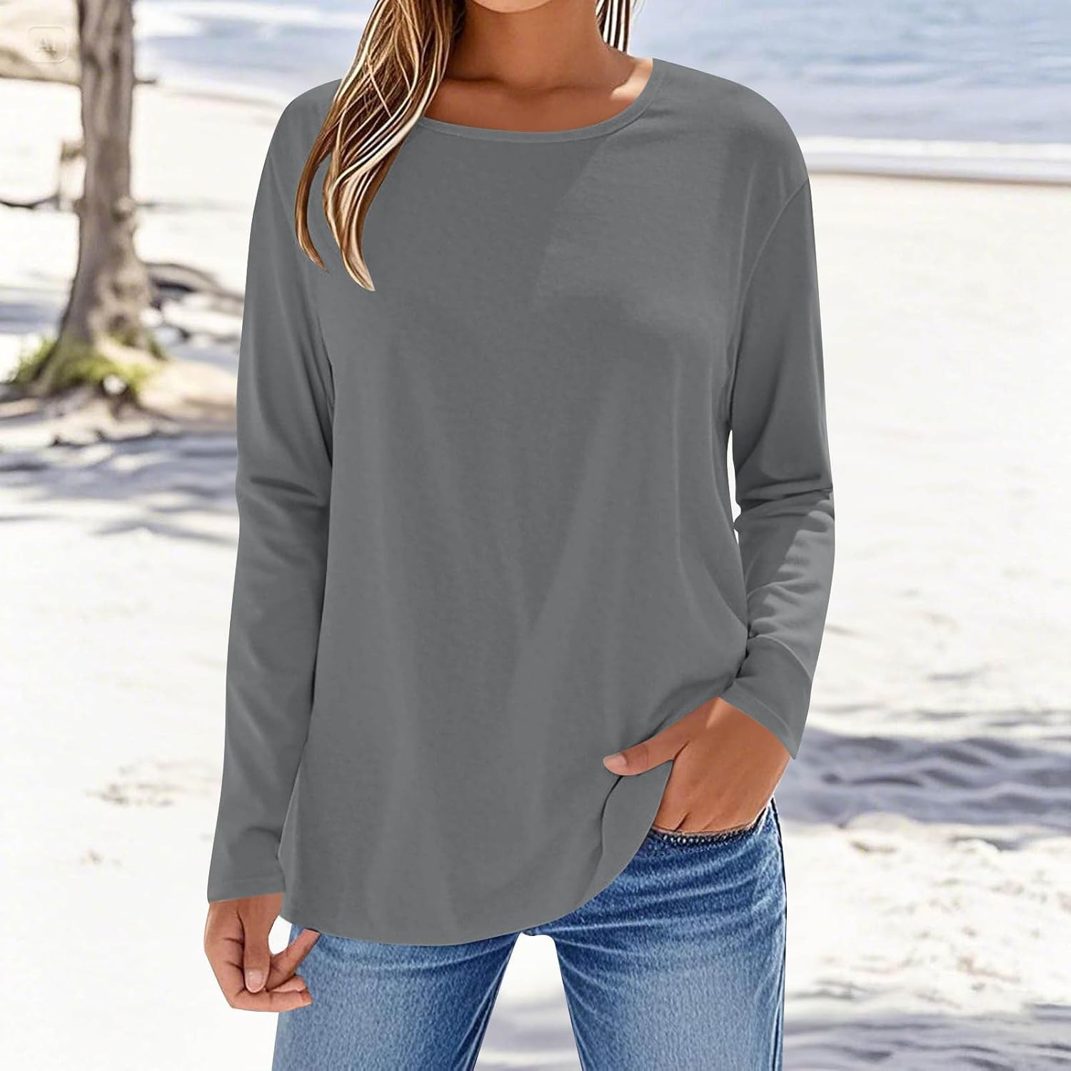 Women's Long Sleeve Round Neck Tops Loose Fit Casual Fall Solid Color Shirts Plain Fashion Tunic Lightweight Blouse