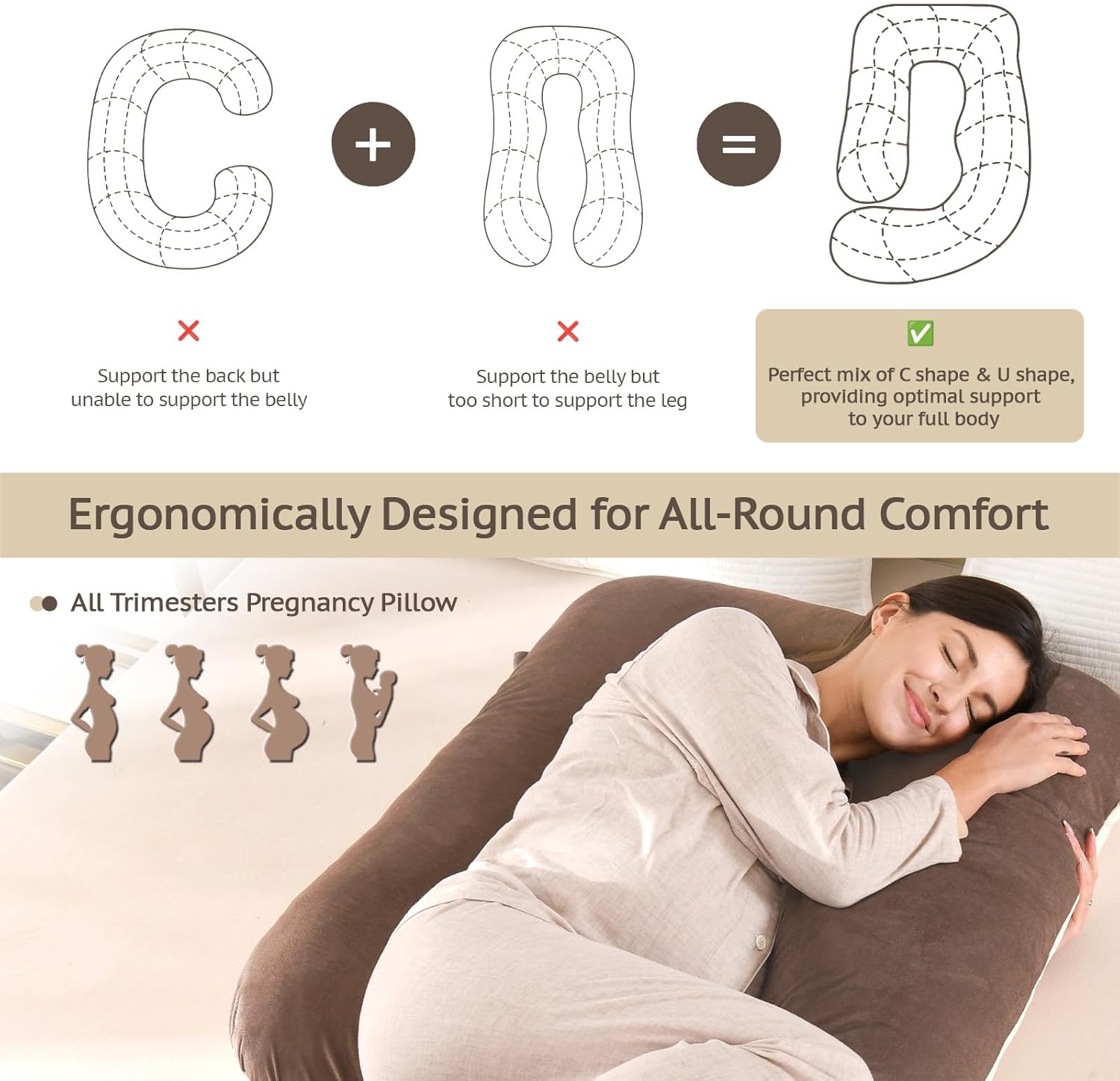 Pregnancy Pillows for Sleeping, 57-inch U Shaped Full Body Maternity Pillow with Removable Washable Cover - Support for Back, Belly, Hips, Legs for Pregnant Women, Khaki Brown Velvet
