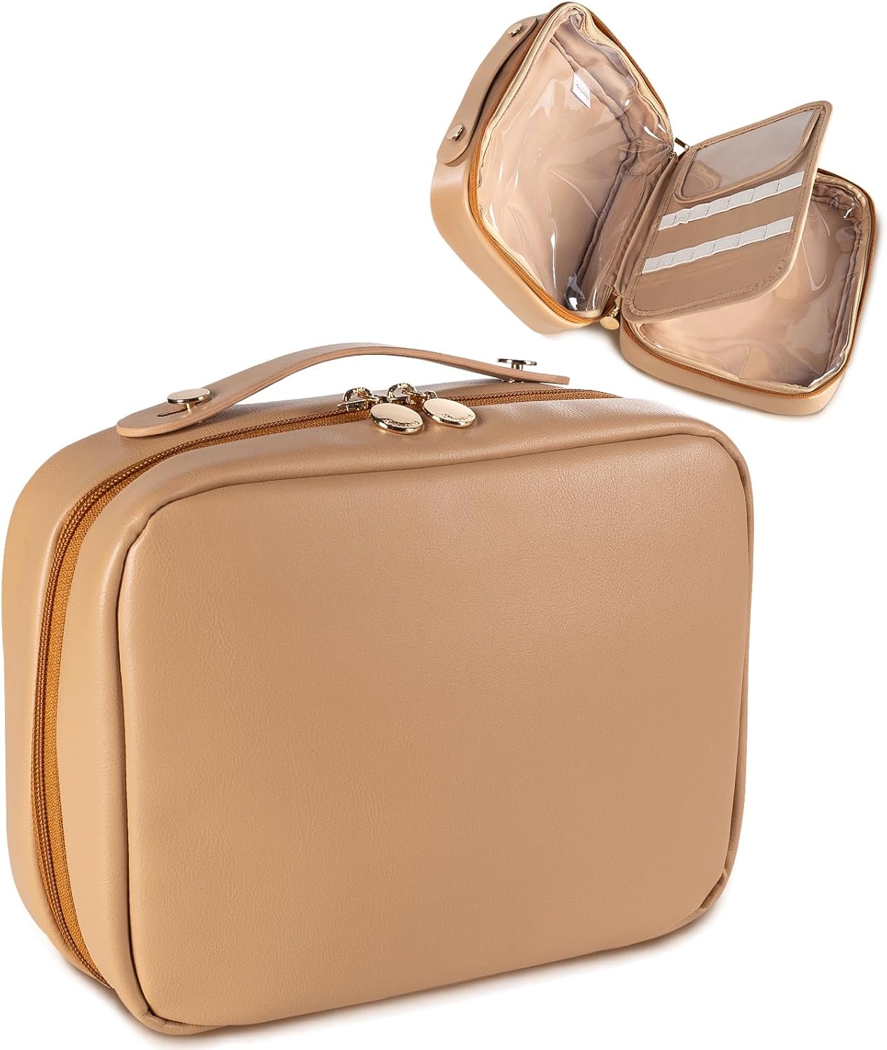 Abiudeng Makeup Bag Travel Wide-open Make Up Bag with Brush Compartments Large Portable Cosmetic Bag Pouch with Handle PU Leather Water-Resistant Makeup Organiser Bag for Women-Apricot