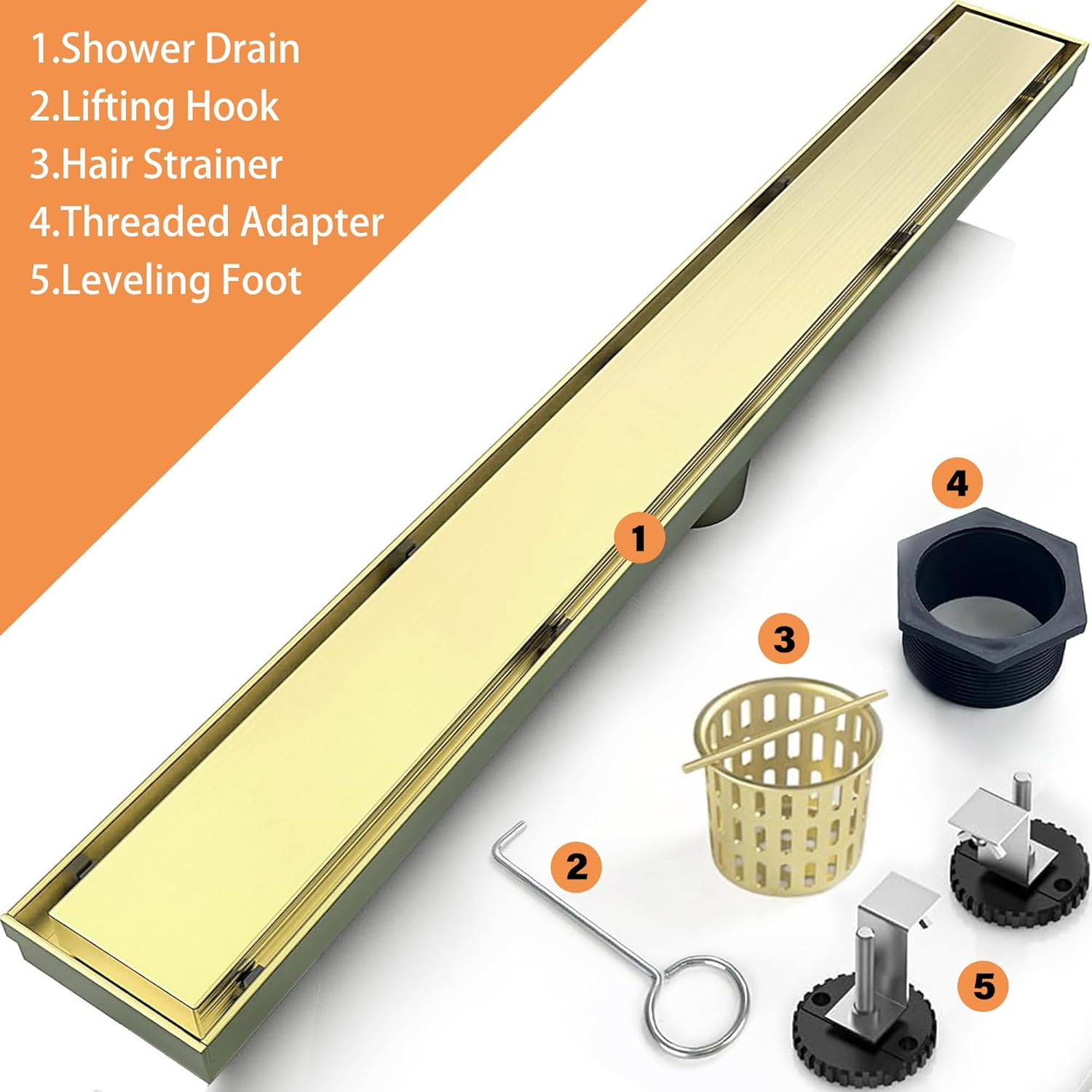 28 Inch Linear Shower Drain Bathroom Kitchen Golden Floor Drain Removable Capsule Pattern Cover Accessories Shower Drain 304 Stainless Steel Drain with Hair