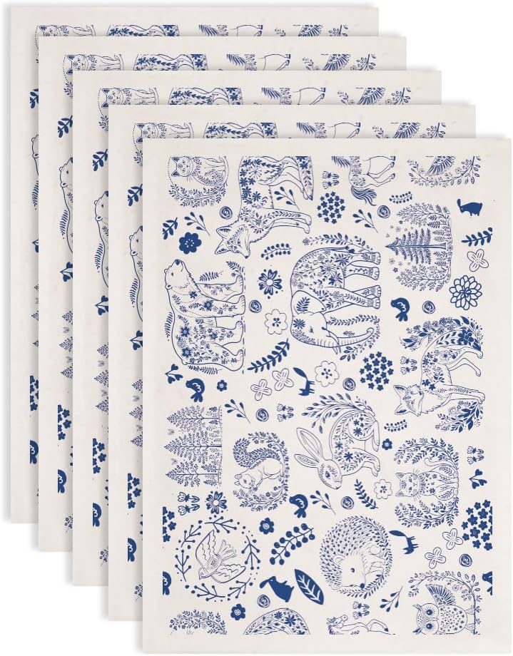 SUPERDANT 5PCS Animals Underglaze Paper Transfer Rabbit Elephant Transfer Paper for Clay Ceramic Porcelain Under Glaze Transfers for Pottery Enamel Decals Blue Underglaze Papers Handcrafted Gifts